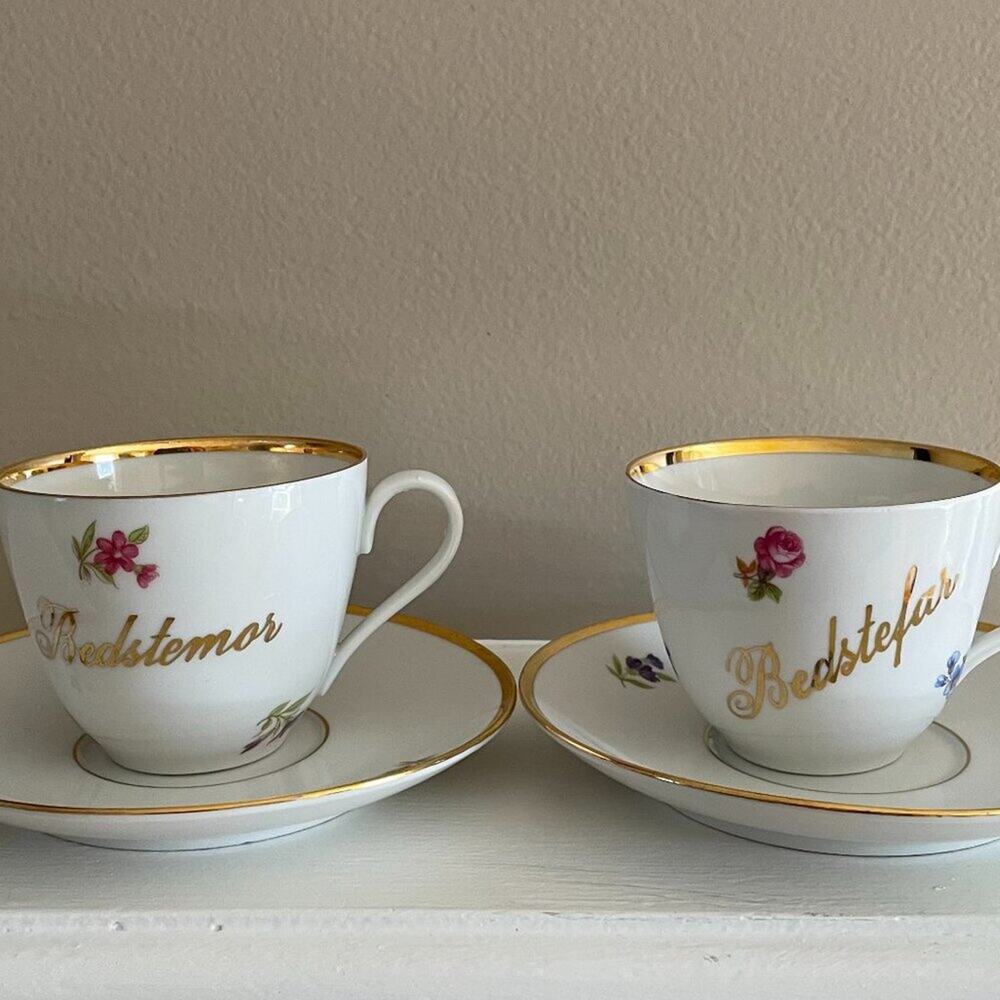 VTG Danmark Lyngby Teacup & Saucer, Bedstefar/Bedstemor, Floral, Gold, Danish